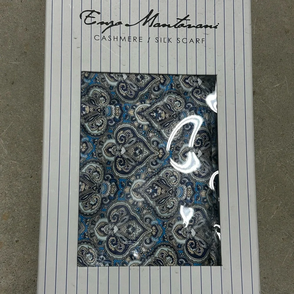 Enzo Montovani Denim Blue Damask Fringe Silk Cashmere Unisex Scarf Shawl 12x62